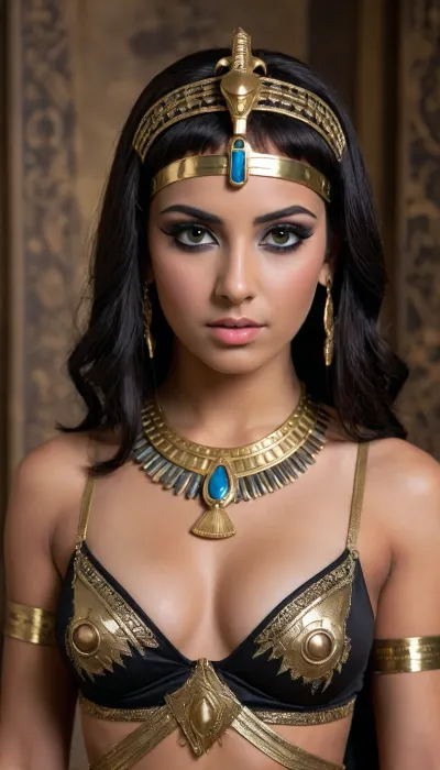 Full body view of an athletic 20 year old Egyptian cleopatra, she has extreme dark hazel eyes, wearing lots of black eye makeup with sharp black points at the corner of her eyes, perky tits, cleavage, sexy Egyptian outfit, sexy seductive pose