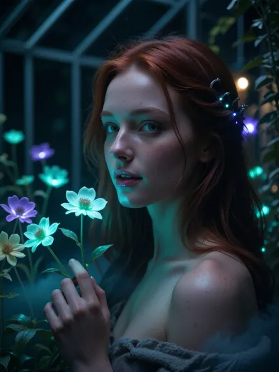 Ultra detailed depiction, extreme close-up composition, sharp focus on her face. A professional cinematic still of a beautiful fantasy redhead woman with pale skin, standing inside a dimly lit greenhouse filled with bioluminescent flowers. Her skin is smooth and cool-toned, with a faint natural sheen. Her eyes are a striking deep green, reflecting the soft glow of the plants around her. Her expression is calm and curious, a gentle smile on her lips as she looks toward one of the glowing flowers near her hand. Her dark hair falls loosely around her shoulders, catching small points of glowing light. Around her, the greenhouse is filled with fantastical flora, glowing flowers in shades of teal, violet, and soft green, casting gentle ambient light through the dim space. Wisps of soft mist drift low along the ground. The overall lighting is dark and moody, lit primarily by the glowing plants themselves, creating dramatic contrast between deep shadow and vivid glowing color. The color palette is dominated by deep blues, teals, and glowing violet accents. Shallow depth of field, soft bokeh background, over-detailed cinematic photography, masterpiece, epic detail, sharp facial details, photorealistic render.