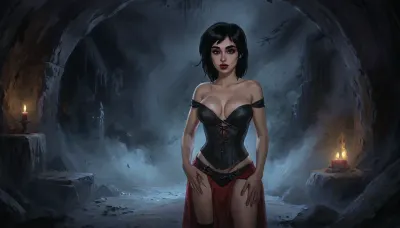 (one woman, Alva from Skyrim, 25 year old, pale skin, small breasts, vampire, black hair), (inside medieval vampire cave/lair), (wearing skimpy tavern wench corset, exposed breasts), (hands squeezing breasts), (artwork, digital painting, fantasy art, loading screen art style), <lora:SumTim:.1>, <lora:J_cartoon:.2>, <lora:Sinister_Style_SDXL:.1>, <lora:EnvyAnimeDigitalPaintingXL01:.1>
