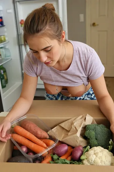 A woman with light brown hair pulled back in a messy bun, wearing a light purple patterned t-shirt and a silver chain necklace with a small pendant, is bending over, revealing a glimpse of a patterned blue garment underneath and her tits. She is looking down into a box. Her right arm is visible, holding a clear plastic container filled with vegetables including orange carrots, reddish-orange sweet potatoes, and small purple potatoes, which she is placing into a larger cardboard box. Inside the cardboard box, other vegetables like carrots, purple potatoes, broccoli, and cauliflower are visible, along with a crumpled brown paper bag.

The scene is set indoors, likely in a kitchen, with a refrigerator partially visible in the background on the left, containing bottles and containers. A light-colored door is visible in the upper right background.

The lighting is bright and even, illuminating the woman and the vegetables clearly. The colors are natural and vibrant, emphasizing the freshness of the produce.

The shot is a medium close-up, taken from a slightly elevated angle, looking down at the woman and the boxes. The composition focuses on the action of placing the vegetables, with a shallow depth of field that keeps the woman and the immediate foreground in sharp focus.

The overall style is realistic and candid, resembling a snapshot or documentary photograph. High resolution, sharp focus, natural color grading.