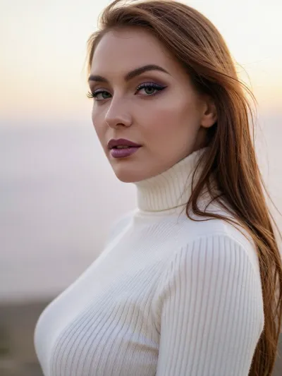 An intimate portrait of a beautiful woman with an ethereal, soft-focus aesthetic, defined by diffused light. She wears a snug luxurious ivory white turtleneck sweater flatteringly hugging her slender waist.

Long feathery eyelashes with thick winged eyeliner frame her deep green eyes.
Her dark smokey eye shadow matches the rich purple hues of the deep sunset.
Her soft lips are a dark matte plum. She has high sharp elegant cheekbones and flawless radiant skin.
Her long luxurious redhead hair blows softly in the wind.

The scene is enveloped in a powerful but diffused golden-hour glow which creates a luminous light bloom on her skin, dissolving sharp edges in an ethereal haze. The background is a very blurred, dreamlike pastoral pastel lavender-gray coastal sky, soft and bright. Soft focus on her eyes.
The overall mood is an serene contemplation. Shallow depth of field, subtle film grain, light leaks, vintage analog lens. This is a high-key photograph.
The subject is anchored to the right side of the image, using the rule-of-thirds compositional technique.
The image captures extreme realistic details including sharp limbal rings and fine vellus hairs.