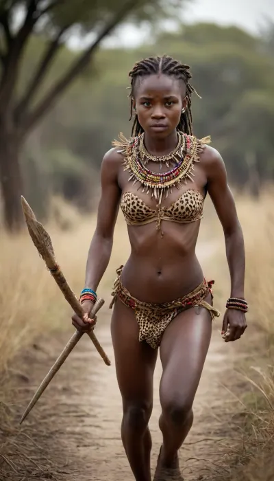 cinematic film still of, a shredded woman running away from a rhinoceros, shredded woman style, dark skin, beautiful cute gil African Masai tribe hunter in traditional accessories adorned on nude body, ((in a leopard skin on his shoulders)), ((with a spear in his hand)), shallow depth of field, vignette, highly detailed, high budget, bokeh, cinemascope, moody, epic, gorgeous, film grain, grainy