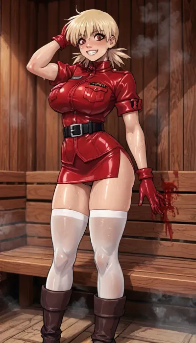 (innv meets jack cayless style), (reiq style, masterpiece, cel-shaded, limited color palette), ((Beautiful Muscles Sexy Seras Victoria from Hellsing anime body:1.4)), (sauna, steam, sauna background:1.2), (1girl, solo, alone, 21 year old woman), (fairly blonde hair cut into a flare cut), (red eyes), (showing vampires fags teeth), (gorgeous, seductive face, perfect ads, perfect big breast, muscles are well defined, muscular body, muscular arms, perfect hands, muscular legs, big ass, sweaty body), (tight blood red Hellsing uniform with a short skirt:1.4), (long white stockings), (black belt), (tall brown boots), (standing posing), ultraviolet light, LoL, Style, serasvictoria, tan, seras, victoria, hair, over, one, eye, blue, /, red, eyes, military, uniform, yellow, shirt, gloves, skirt, white, thighhighs, belt, <lora:LCMTurboMix_Euler_A_fix:2>, <lora:mk_Bp Anime_xl:2>, <lora:EnvyBeautyXL02:2>, <lora:SerasVictoriaXLLoRAversion10:2>, <lora:hellsing_serasvictoria_xl:2>