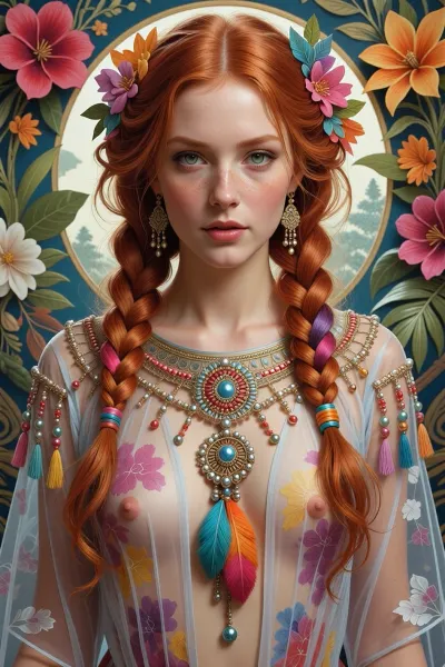 beautiful redhead woman wearing fantastic hand-dyed translucent see though cotton robes, embellished beaded feather decorative fringe knots, colorful pigtail, subtropical flowers and plants, symmetrical face, deep green eyes, intricate, elegant, highly detailed, 8k, digital painting, trending on pinterest, harperâs bazaar, concept, art, sharp focus, illustration, Tom Bagshaw, Lawrence Alma-Tadema, Alphonse Mucha