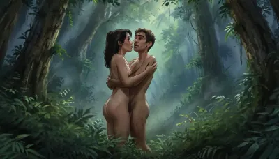 man and woman, mature 40 year old, naked, skinny, druids, hugging in lush forest, behind bushes, genitals covered by tall plants, green ambience, very close view above waists, (artwork, digital painting, fantasy art, loading screen art style), <lora:SumTim:.1>, <lora:J_cartoon:.1>, <lora:Sinister_Style_SDXL:.1>, <lora:EnvyAnimeDigitalPaintingXL01:.1>