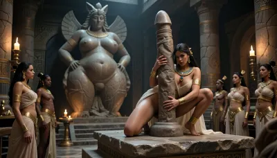 hyper-realistic masterpiece, 8k UHD, highly detailed, sharp focus, a decadent and chaotic hedonistic scene, 0yo babylonian priestess in diaphaneous dress is on the altar and fuck the stone dildo, in a babylonian temple, huge stone statue of a sexy stanging naked pregnant female godess of fertility with huge breasts and huge hips and exposed pussy in the background, low luminosity, illuminated by braziers, indoor, In the middle of the temple there is a stone altar, on the altar there is a huge vertical dildo made of stone fixed on the altar, the priestess put the vertical stone dildo inside her pussy, she is in squat position on the altar and guide the vertical stone dildo deep in her pussy, some other babylonian priestess dressed in the same way are waiting her turn, golden babylonian jewelry, ((((vaginal_penetration:50)))), the dildo is in her pussy, huge dildo insertion