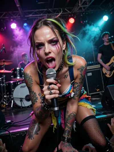 Ultra photorealistic cinematic masterpiece concert photograph, woman 28 years old, rebellious provocative punk rock singer, absolute dominant foreground subject, dramatic low viewpoint from directly in front of the stage, extreme perspective with her face and upper body leaning aggressively toward the viewpoint while her complete body remains visible, confrontational high energy performance, wild theatrical stage presence inspired by underground feminist punk protest aesthetics, heavily tattooed arms and legs, vivid chaotic tattoos with exceptional skin and ink texture, deliberately outrageous colorful punk stage outfit with minimal layered clothing, torn mesh, distressed fabrics, straps, patches and mismatched textures, neon colored wig with messy strands flying around her face, intense theatrical makeup, smeared eyeliner, saturated eyeshadow, bold lipstick, sweat and realistic pores visible across her skin, eyes extremely wide open and staring directly forward, extraordinarily detailed irises and catchlights, mouth open while screaming into a handheld microphone, extremely detailed lips, teeth, tongue and facial muscles, one hand gripping the microphone tightly, individual fingers, fingernails, rings and knuckles sharply rendered, dynamic distorted perspective emphasizes her face without losing the full body composition, explosive multicolored concert lighting, saturated magenta, cyan, red, green and electric blue stage lights, hard rim light separating her silhouette, atmospheric smoke and haze catching powerful beams, sweat droplets illuminated in backlight, blurred band performing behind her, drummer and drum kit visible through haze, bassist farther back, amplifiers, cables and stage equipment, audience silhouettes along the extreme lower foreground, chaotic authentic underground club atmosphere, deep blacks, extremely high contrast, intense saturation, strong micro contrast, premium full frame concert photography, 24 mm wide angle lens, f 2, ISO 1600, 1 over 500 second shutter speed, razor sharp focus locked on her face, eyes, microphone and forward hand, controlled background motion blur, shallow depth separation, subtle analog grain, gritty editorial realism, extraordinary facial detail, extreme photographic immediacy, raw live music energy