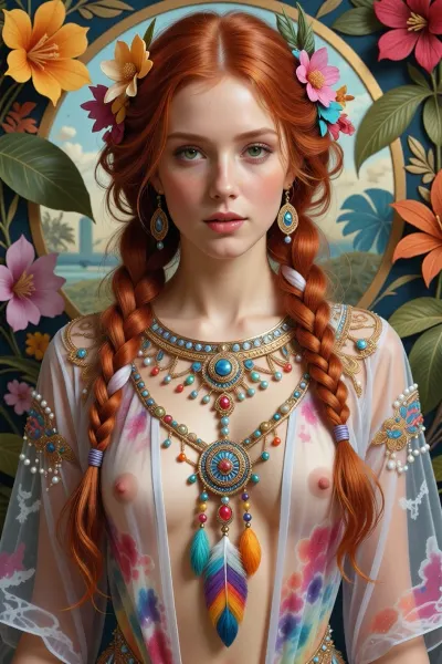 beautiful redhead woman wearing fantastic hand-dyed translucent see though cotton robes, embellished beaded feather decorative fringe knots, colorful pigtail, subtropical flowers and plants, symmetrical face, deep green eyes, intricate, elegant, highly detailed, 8k, digital painting, trending on pinterest, harperâs bazaar, concept, art, sharp focus, illustration, Tom Bagshaw, Lawrence Alma-Tadema, Alphonse Mucha