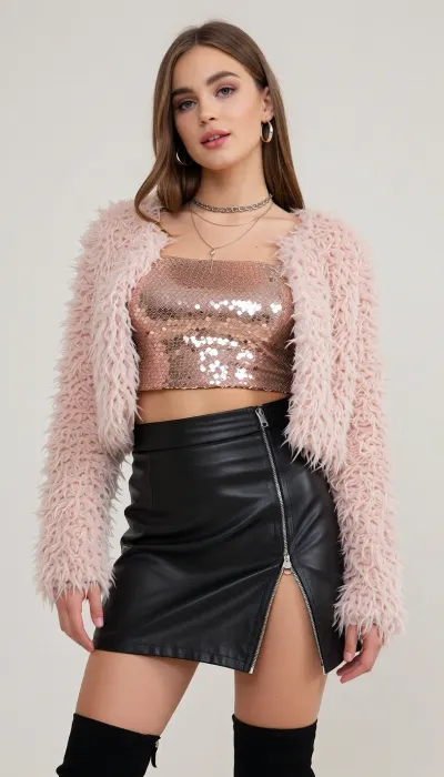 A 30yo girl, wearing, Sequined crop top in metallic rose gold.
Black leather mini skirt with a side zipper and a thigh-high slit.
Over-the-knee suede boots in black.
Hoop earrings and layered chain necklaces.
Cropped faux fur jacket in pale pink.