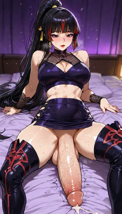 Melkor mancin meet markgavatino style, (((large purple anime eyes, purple eyeliner))), Asian Filipina slut wife, long lashes, red lipstick, 25 years old cutie, muscular toned fit girlfriend, (short petite height), ((purple background, lurid neon blurry background, lounge bed)), black slick hair in high ponytail with bright red highlights, warm strong lighting, ((She has an enormous futa penis and it is oozing fluid, wet and throbbing)), nanoskirt, thick long boots, <lora:add-detail-xl:1.2>, <lora:attractive_notrigger:1.2>, <lora:detailed_notrigger:1.2>, <lora:LCMTurboMix_Euler_A_fix:1.2>