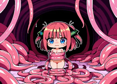 Cute, pixel art, 16 bit art, nude, tentacle floor, pink tentacles, Nino Nakano, chibi style, tied tentacles, tentacle mass, white background, nervous, tears