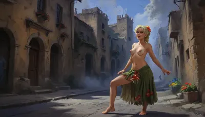 (one adult woman, mature 50 year old, blonde, small breasts, naked torso, flower on head, long flower skirt), hands on hips, dancing hula on the street, old medieval city with walls, morning, very close view above waist, (artwork, digital painting, fantasy art, loading screen art style), <lora:SumTim:.1>, <lora:J_cartoon:.1>, <lora:Sinister_Style_SDXL:.1>, <lora:EnvyAnimeDigitalPaintingXL01:.1>