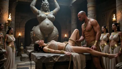 hyper-realistic masterpiece, 8k UHD, highly detailed, sharp focus, a decadent and chaotic hedonistic scene, in a babylonian temple, huge stone statue of a sexy stanging naked pregant fertility godess with huge breasts and huge hips in the background, low luminosity, illuminated by braziers, indoor, In the middle of the temple there is a stone altar. on the altar a 20yo babylonian priestess in diaphaneous dress is lying on her back on the altar and she is tied by ropes on it, she is being vaginaly fucked by a babylonian priest, some other babylonian priestess dressed in the same way are waiting her turn, golden babylonian jewelry