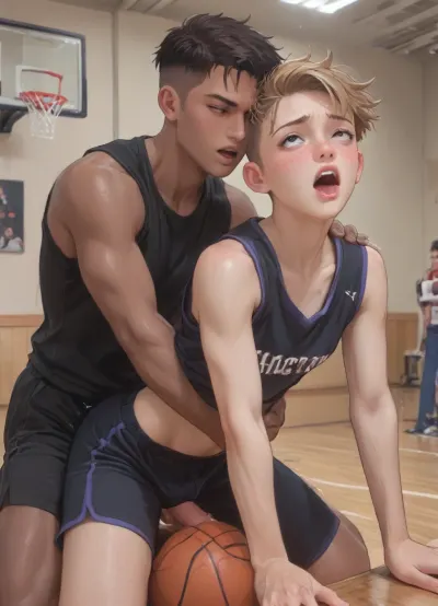 ((anime style)), (Thick outline:1.4), ((Cartoon Style:1)), ((Hentai)), (seen from the side), gay, interracial, indoor basketball court, slim twink in working clothes, slender, petite, shaved pixie cut, freckles, twink slut getting fucked by a massive black man. Anal sex, getting fucked from behind, doggystyle, a big black man, large penis, (body shaking orgasm, screaming orgasm, ahegao), score_9, score_8_up, score_7_up, score_6_up, style anime, inspired illustration, oda, non, front view, <lora:outline_xl_kohaku_delta_spv5x:1.9>, <lora:cartoon_stickers_xl_v1:.5>, <lora:AshMilkshake_Illustrious_v1:1.1>, <lora:NEOTOKIOXL_0.2_RC:.5>, <lora:Ppolar-P3v1-NbVp10:.8>