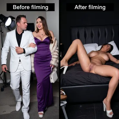 score_9, score_8_up, score_7_up, split screen, two panels side by side, left panel, black text box at the top reading "Before filming", husband in a very stylish white suit walking arm in arm with his hotwife, husband looks shocked and confused, 33 year old woman with long brunette hair, heavy red makeup, long black nails, cheerful and highly aroused expression, fully clothed, wearing a long tight purple evening dress with closed neckline, white high-heeled platform shoes, wearing a luxurious fur coat over her shoulders, holding a elegant handbag, ((dress completely covering her breasts)), ((no cleavage)), ((no exposed breasts)), ((no nude breasts)), ((long tight purple evening dress fully covering her huge 34H+ breasts:2.3)), ((fully clothed:1.8)), ((covered breasts:1.8)), ((fur coat covering her chest:1.6)), her hand wrapped around her husband's arm, pitch-black room lit only by professional LED lights from a porn shoot, intense erotic atmosphere, right panel, black text box at the top reading "After filming", same 33 year old woman naked lying exhausted and sleeping on a bed in the same pitch-black room, completely covered in realistic cum, legs wide open, arms spread on the bed, head tilted back, her thong pulled down to her right ankle, white high-heeled platform shoes still on, ((her extremely dilated gaping pussy overflowing huge loads of cum:1.7)), cum dripping from her pussy, cum on her stomach and on her huge heavy breasts, woman with wide-set splaying outward 34H+ heavy massive breasts, oversized large dark areolae and severe breast ptosis, pierced nipples, pierced navel, pierced clitoris, pitch-black room lit only by professional LED lights, perfect body, perfect hands, perfect 5 fingers, perfect legs, perfect feet, perfect face, perfect mouth, perfect eyes, 8k, UHD, ultra-realistic, highly detailed, sharp focus, lifelike texture, professional photography, maximum resolution, best quality, improve anatomy, improve generation quality, Djaissy, NSFW