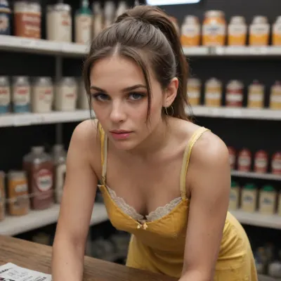 masterpiece, ultrarealistic, epic details, 8k, uhd, cute, 24yo girl, brown hairs, ponytail haircut, (new unseen face), realistic face, realistic body, makeup, big earings, perfect eyes, medium chested, ripped yellow dress, light red bra, downblouse, standing, leaning forward, hands on counter, in jewellery shop