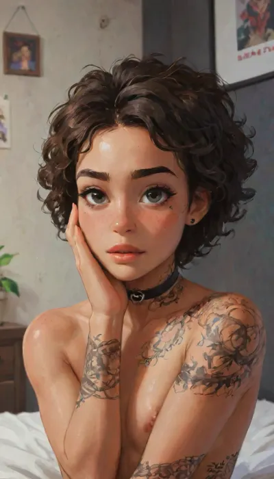 (score_9, score_8_up, score_7_up, score_6_up, source_anime, masterpiece), 1 femboy, solo, curvy, flat chest, perfect face, ((very dark skin, ebony, dark brown hair, curly hair, portrait focus, closeup face)), beautiful luminous green eyes, eyelashes, eyeshadow, large ass, hourglass figure, lusty, piercings, curly hair, gorgeous face, goth makeup, (Tattoos:1.5), choker, goth clothing, very dark pose, slutty top, Inside, detailed bedroom, detailed background, decorations, modern interior, posters, bed, plants, dark walls, seductive, goth, cocky, flirty, hands on face, tongue out, Close up, dynamic angle, closeup, perfect anatomy, insane details, intricate details, hyperdetailed, hyper quality, ultra detailed, professional, HDR, ray tracing reflection, highlydetailedbody, realisticface, highlydetailedhair, insanelydetailed, 8K.highdetailedskin, highresolution, perfectfingers, (j_cartoon:1.5), Drawing, supermodel, face, big, lips, uberfit, muscular, athletic, xlsanaa, woman, <lora:xlsanaa woman:1>, <lora:detailed_notrigger:2>, <lora:samdoesarts1.1-000030:.4>, <lora:J_cartoon:.3>, <lora:Animated_Concept:.4>