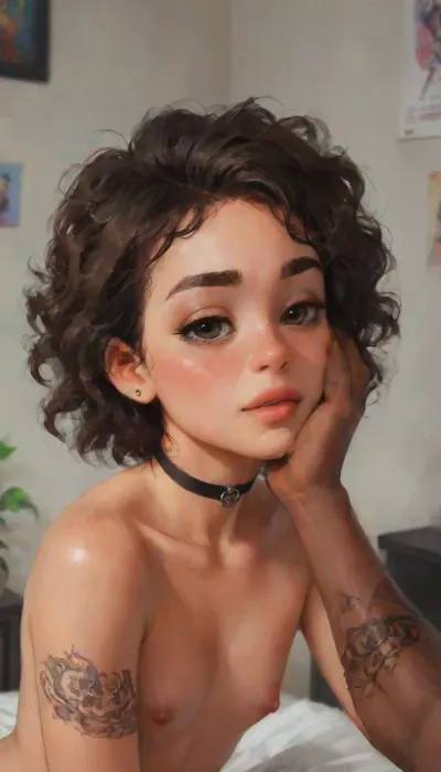 (score_9, score_8_up, score_7_up, score_6_up, source_anime, masterpiece), 1 femboy, solo, curvy, flat chest, perfect face, ((very dark skin, ebony, dark brown hair, curly hair, portrait focus, closeup face)), beautiful green eyes, eyelashes, eyeshadow, large ass, erect-futa, erect-penis, femboy, testicles, erection, hourglass figure, lusty, piercings, curly hair, gorgeous face, goth makeup, (Tattoos:1.5), choker, goth clothing, very dark pose, slutty top, Inside, detailed bedroom, detailed background, decorations, modern interior, posters, bed, plants, dark walls, seductive, goth, cocky, flirty, hands on face, tongue out, Close up, dynamic angle, closeup, (pov masculine brown hand on face), perfect anatomy, insane details, intricate details, hyperdetailed, hyper quality, ultra detailed, professional, HDR, ray tracing reflection, highlydetailedbody, realisticface, highlydetailedhair, insanelydetailed, 8K.highdetailedskin, highresolution, perfectfingers, (j_cartoon:1.5), Drawing, supermodel, face, big, lips, uberfit, muscular, athletic, xlsanaa, <lora:xlsanaa woman:1>, <lora:detailed_notrigger:2>, <lora:samdoesarts1.1-000030:.4>, <lora:J_cartoon:.3>, <lora:Animated_Concept:.4>