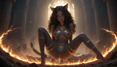 Sexy black female catgirl, heaven, solo catgirl, The catgirl has glowing green eyes, glowing war paint, flame, fire, (((the catgirl has Deep Black skin with Gold stripes.))), (The catgirl has long different hair colors on the left and right sides.), catgirl Has long curly hair, nude, with a wide open pussy, (The catgirl has many large bright white tattoos.), full body view, The catgirl squirting from her pussy, uncensored, catgirl, <lora:catgirl:1>, <lora:HV_orientation_Rainbow_Lips:.8>