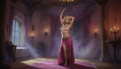 (one woman, mature 50 year old, scandinavian, blonde, small breasts), (on scene/pedestal, inside prestige spacious medieval brothel, pink accents, detailed background decorations), (wearing skimpy belly dancing skirt, topless), (dancing striptease), very close view above waist, (artwork, digital painting, fantasy art, loading screen art style), <lora:SumTim:.1>, <lora:J_cartoon:.1>, <lora:Sinister_Style_SDXL:.1>, <lora:EnvyAnimeDigitalPaintingXL01:.1>