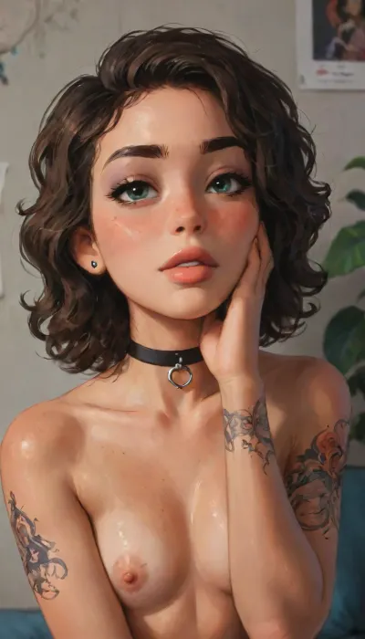 (score_9, score_8_up, score_7_up, score_6_up, source_anime, masterpiece), 1 femboy, solo, curvy, flat chest, perfect face, ((very dark skin, ebony, dark brown hair, curly hair, portrait focus, closeup face)), beautiful luminous green eyes, eyelashes, eyeshadow, large ass, hourglass figure, lusty, piercings, curly hair, gorgeous face, goth makeup, (Tattoos:1.5), choker, goth clothing, very dark pose, slutty top, Inside, detailed bedroom, detailed background, decorations, modern interior, posters, bed, plants, dark walls, seductive, goth, cocky, flirty, hands on face, tongue out, Close up, dynamic angle, closeup, perfect anatomy, insane details, intricate details, hyperdetailed, hyper quality, ultra detailed, professional, HDR, ray tracing reflection, highlydetailedbody, realisticface, highlydetailedhair, insanelydetailed, 8K.highdetailedskin, highresolution, perfectfingers, (j_cartoon:1.5), Drawing, supermodel, face, big, lips, uberfit, muscular, athletic, xlsanaa, woman, <lora:xlsanaa woman:1>, <lora:detailed_notrigger:2>, <lora:samdoesarts1.1-000030:.4>, <lora:J_cartoon:.3>, <lora:Animated_Concept:.4>