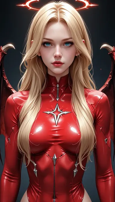 woman, ((ultra detailed, masterpiece, best quality)), BG3 Orin the red, athletic female cultist blessed with a halo of smoke and shadow, very tall skinny body, solo, blonde hair, cracked skin, giant hands with long fingernails, devilwings, portrait, Orin-The-Red, White, milky, skin, Eyes, wearing, red-cracked-bodysuit, head, ornament, <lora:Orin-The-Red:.8>