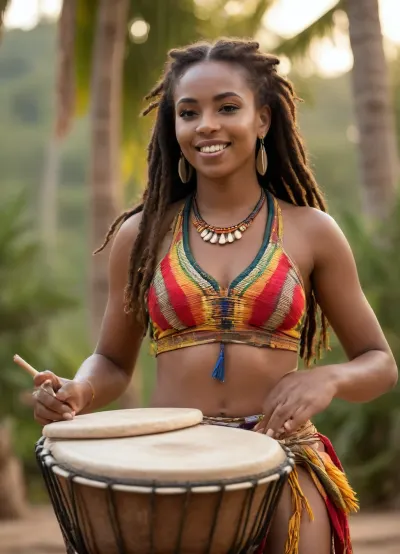 (photorealism:1.3), (masterpiece:1.2), (best quality:1.1), stunning detail, natural skin texture, charming young black woman with long dreadlocks and large breasts, representative of the tribe, (playing bongo drums:1.7), looking to the side, wearing a bright multicolored, (sexy top:1.3), and skirt, tribal jewelry, golden light, sunset atmosphere, outdoors, reggae festival, Jamaica, blurred background with, (dancing people:1.4), silhouettes of palm trees, distant mountains, bokeh light, festival, golden hour, warm color temperature, shallow depth of field, sharp focus on the subject, studio lighting, Canon EOS R5, 8K, detailed skin, soft shadows