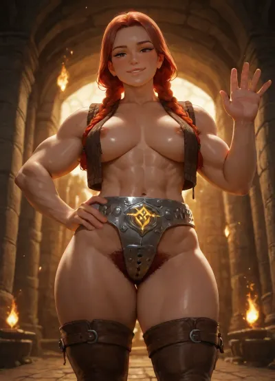 high quality, photorealistic, underground temple, dwarf woman, muscular, athletic, defined muscles, stout compact body, thick legs, broad arms, (short:1), alone, red braids, freckles, medium breasts, (), (untied leather vest), knitted brown thighhighs, (heavy steel chastity belt:1.3), (glowing magic rune in front of belt), (excessive pubic hair), standing, legs apart, (left hand on hip), (right hand waving), condfident, smiling, (looking at viewer)