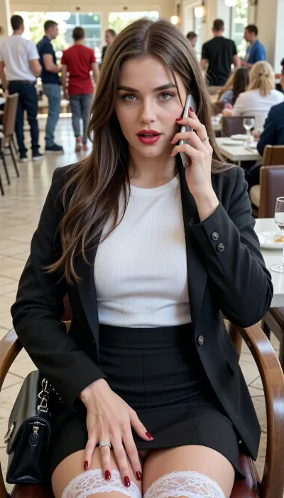 The front view. An 28 years old girlfriend is sitting with tighten thighs on a restaurant seat, she's pressing her handbag against her. She is a brunette, wears red lipstick, and has her nails painted dark red. She'sShe is wearing a tight white top, a black social suit, and a black skirt, white lace transparent panties very few visible. Wedding ring with a diamond on her ring finger. Viewer is sitting 5 seats far away from her and secretly taking pictures with a smartphone. She's looking at viewer while she's talking on the phone. There are a lot of people on the restaurant, and people are standing and sitting in the background. Daytime, sunlight sparkling the scene, soft lighting.