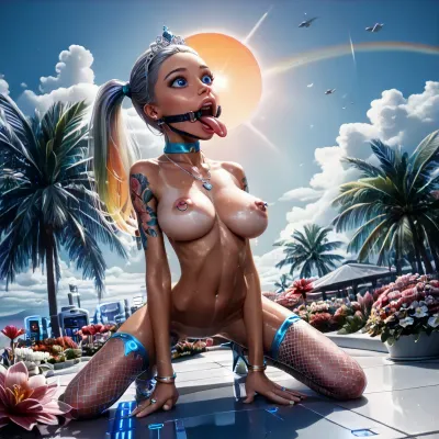 outdoors, (white shore ocean of paradise island:1.4), (very high in sky:1.5), (high-angle side view:1.3), (narrow innocent looking face:1.8), (very beautiful perfect face:1.7), (young low girl with fake implanted spherical big breasts:1.6), (on knees and elbows:1.7), (upper body forward down:1.5), (perfect:1.5), (wide very skinny very flat ass up a little:1.5), (small very beautiful petite woman:1.5), (21 years old Ukrainian model cutie:1.4), (sweaty:1.1), ((short stature slender fit body:1.7)), ((small thin waist:1.7)), ((very large distance between legs:1.7)), (very low pelvic:1.4), (wide shoulders:1.7), (very short throat:1.6), (very shapely legs very spread apart:1.7), (nipple ring piercings:1.3), ((detailed perfect dark-blue eyes:1.7)), (perfect lips), (silver electronic wide mouth spreader ring gag:1.7), (big mouth:1.3), (thin lips:1.3), ((wide light tongue out down:1.7)), ((round tongue's end:1.6)), (wide open big mouth up:1.7), (light blonde with rainbow smooth silky hair ponytail:1.5), ((very large distance between rounded large spherical breasts:1.7)), (tan fair oiled skin:1.5), thin beautiful eyebrows, (very gorgeous:1.5), (sexy:1.4), (satisfied:1.6), (big silver necklace:1.4), (tattooed body:1.4), (color tattoo:1.3), (seductive sexy makeup:1.5), (long black eyelashes:1.4), lipstick, (stunning:1.3), (dimples:1.4), (tiara with diamonds on head:1.3), (silver thigh louboutins:1.3), (heels:1.3), (pink fishnet stockings:1.2), (sunbathing mat:1.3), (beautiful lawn with low flowers:1.3), (palm trees:1.1), (bright day with sun:1.3), (masterpiece:1.5), <lora:Microwaist_XL_v01:2>
