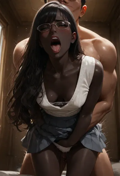 photorealistic, innocent, sexy, (enjoying being fucked from behind by a white man:1.8), (on all fours), (leaning forward), (downblouse), (fingering her vagina:1.2), (impregnated), (creampie), (face like Audrey Hepburn:1.2), (Telugu:.9), (very dark black skin:1.2), (long thick black glossy hair:1.4), small breasts, pubic hair, darkness, orgasm, trembling, <lora:dark:.8>, high quality, woman, (south indian:1.8), (tamil:.2), hard nipples under shirt. glasses, (ebony black skin:1.1), open eyes, (long bushy black hair), (white button down blouse, white bra, Grey pleated skirt), masturbating, (hand in panties:1.3), (small breasts), (screaming), (orgasm), (blushing)