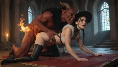 1 monster, vaginal sex, 18 year old female, slim, white, with blue eyes, wearing a frilly wizard hat, fur cape, tight leather pants and a leather harness, short braided black hair, in an abandoned church, purple magic spell, arcane magic spell, on all fours on a burning magic pentagram, doggy style fuck, fucked by a horned red demon, fucked by a tailed red demon, huge cock in her pussy, massive creampie, magic wisps of light illuminate the dark corners of the room. A large enchanted ball of light floats beside her