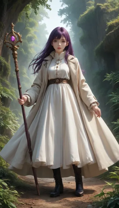 anime girl, long flowing purple hair, straight bangs, calm violet eyes, reserved facial expression, black long coat over white dress, high collar, layered minimalist outfit, black boots, holding a magical staff with purple and brown detailing and red accent, dynamic hair lines, minimalist pose, neutral color palette with purple accent, clean white background, character from anime “Frieren, Beyond Journey’s End”, Fern
