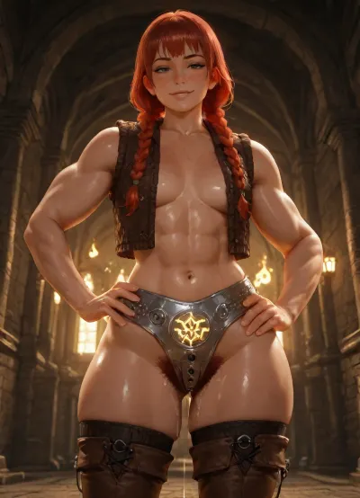 high quality, photorealistic, underground temple, dwarf woman, muscular, athletic, defined muscles, stout compact body, thick legs, broad arms, (short:1), alone, red braids, freckles, small breasts, (), (untied leather vest), knitted brown thighhighs, (heavy steel chastity belt:1.3), (glowing magic rune in front of belt), (excessive pubic hair), (dripping cum:1.1), (cum on thighs:1.2), standing, legs spread, (left hand on hip), condfident, smiling, (looking at viewer)