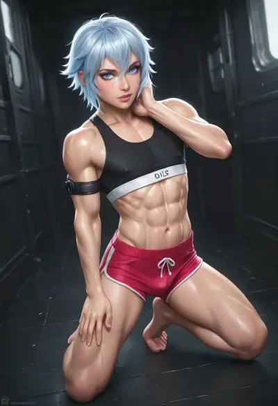 A tall, muscular female warrior with short white hair, icy blue eyes, fair skin, battle scars on her right thigh and left cheek, a tattoo on her right shoulder, and a tattoo under her left eye, wearing a dark red sports bra and black athletic shorts from Picture 1. She stands firm and imposing, her posture radiating disciplined strength, while her calloused hand grips the chin of her companion. A petite, androgynous young man with long straight blue hair, a pretty face, and a highly muscular hourglass physique featuring an eight-pack, wearing a tiny white crop top and pink shorts from Picture 2, stands on his tiptoes to meet her height, his hand gently cupping her chin in his palm as they lock gazes.

Their bodies are pressed close, the warrior leaning slightly into his touch as her thumb brushes across his lower lip, the air charged with a mixture of religious intensity and burgeoning intimacy. The warrior's hand remains firm on his chest, creating a steady point of contact between her powerful, scarred form and his own athletic, androgynous frame. The scene is one of a tense, sacred standoff, their faces inches apart, eyes locked in a silent test of will and desire, the warrior's black-painted lips slightly parted as she stares down at him with a mix of assessment and newfound curiosity.

The setting is a dimly lit, industrial-style barracks corridor on a ship, with metallic walls, shadowed corners, and faint ambient light sources reflecting off the steel surfaces. Dramatic, cinematic lighting creates sharp contrasts and highlights the muscle definition and textures of their skin, casting soft, focused shadows that emphasize the intensity of their interaction. The shot is a medium close-up, capturing the emotional gravity of the moment, the physical disparity between the towering warrior and the shorter, pretty-faced guardsman, and the delicate, grounding contact of their hands. Photorealistic drawing, 32K resolution, intricate details, supreme render, octane-engine, ambient occlusion, detailed skin, complex cinematic light, perfect contrast., <lora:bodybuilder:.8>, <lora:ThePitXL:.8>, <lora:Cinematic_Movie_Look:.8>