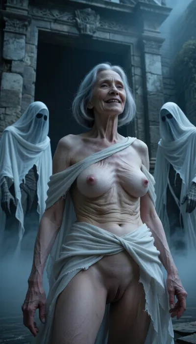(an aged woman, 70 years old:1.8), . Her skin a 70-year-old woman. The old lady has grey hair, (Small, long, and very saggy breasts:1.8), ((very detailed skin)), . Hair cut in a bob. Wrinkled granny, pale skin smooth in places but extremely wrinkled in others, 100 yo. Extremely wrinkled and bony body, Saggy breasts, swollen nipples. Saggy pussy. Beautiful and happy face. Low camera angle looking up at her open pussy., (masterpiece, top quality, best quality:1.2), three eerie ghostly figures, spectral beings draped in tattered flowing white veils, shrouded entities, faceless, dark and haunting atmosphere, emerging from a monumental stone doorway, gloomy shadows, cold blue and desaturated grey tones, misty environment, ethereal, cinematic lighting, volumetric fog, ominous, gothic horror aesthetic, hyper-realistic textures, intricate fabric folds, dark fantasy art style, mysterious and chilling, sharp focus, 8k resolution.