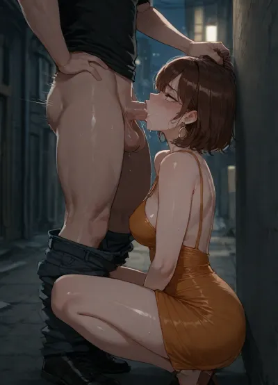 ((Derpixon style)), Paris, alley, night, beautiful French artist, sexy young brunette, athletic body, she is wearing in orange sundress, a seductive face, beautiful eyes, looking up, The fright on her face, very excited, She's squatting with her back against the wall, Her hands are behind her head, she blowjob the penis of the guy in T-shirt, downside jean’s, big balls, orgasm, lustful mocking smile on the guy's face, roughly Grabs her hair, (cuckold scene:1.3), oral sex, perspective, side view, ratatatat74, <lora:ratatatat74-000050:.8>