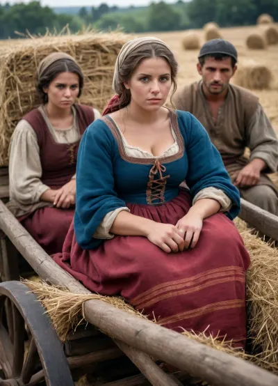 In the 15th century, a busty, peasant woman is sitting on an oxcart loaded with hay, she is stopped by two Roman legionnaires.