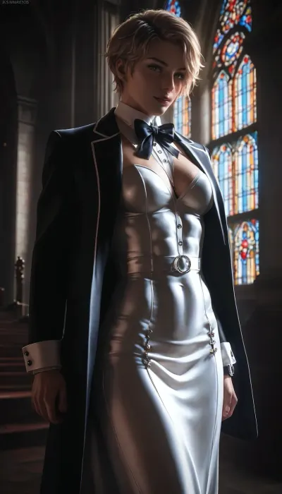 A young woman with short blonde hair, lithe athletic build, and a statuesque shape from Picture 2 stands at the altar in a pristine white bridal dress that clings to her athletic figure, her expression modest and joyful. Standing beside her is a man with black skin, a towering and immensely muscular build, and dark eyes as seen from Picture 1, wearing a custom-made black tuxedo that strains significantly against his colossal frame, the jacket appearing tight across his broad shoulders with a small bow tie at his thick neck.

The setting is the interior of a grand, historic church with polished wooden pews and sunlight streaming through stained-glass windows, casting colorful light patterns across the aisle. In the front pews, twelve other men with tall, athletic, and muscular builds, all dressed in formal black tuxedos, watch the ceremony with focused attention, filling the space with their imposing presence.

Photorealistic rendering with cinematic lighting, focusing on the contrast between the bride's white dress and the groomsmen's dark attire, 32K resolution, intricate details, supreme render, octane-engine, ambient occlusion, detailed skin textures, sharp focus, perfect contrast, realistic, complex render, cinematic scene.