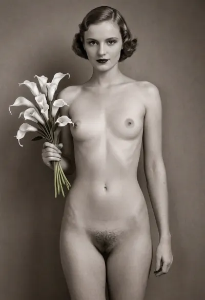 art deco style, full nude, the model is holding a bouquet of white calla lilies with both hands, blackandwhite, sepia, by George Hoyningen-Huene, <lora:flat_chested_v3.5:.5>, h41ry, <lora:h41ry:.8>, flat, chested, <lora:flat_chested_v3.5:.8>, <lora:Man_Ray_Subtle_Surrealist_Photography_Style_SDXL-000004:.8>