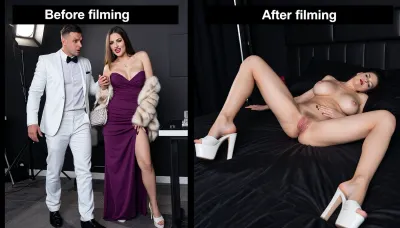 score_9, score_8_up, score_7_up, split screen, two panels side by side, left panel, black text box at the top reading "Before filming", husband in a very stylish white suit walking arm in arm with his hotwife, husband looks shocked and confused, 33 year old woman with long brunette hair, heavy red makeup, long black nails, cheerful and highly aroused expression, fully clothed, wearing a long tight purple evening dress with closed neckline, white high-heeled platform shoes, wearing a luxurious fur coat over her shoulders, holding a elegant handbag, ((dress completely covering her breasts)), ((no cleavage)), ((no exposed breasts)), ((no nude breasts)), ((long tight purple evening dress fully covering her huge 34H+ breasts:2.3)), ((fully clothed:1.8)), ((covered breasts:1.8)), ((fur coat covering her chest:1.6)), her hand wrapped around her husband's arm, pitch-black room lit only by professional LED lights from a porn shoot, intense erotic atmosphere, right panel, black text box at the top reading "After filming", same 33 year old woman naked lying exhausted and sleeping on a bed in the same pitch-black room, completely covered in realistic cum, legs wide open, arms spread on the bed, head tilted back, her thong pulled down to her right ankle, white high-heeled platform shoes still on, ((gaping pussy extremely dilated and overflowing with huge loads of cum:1.7)), cum dripping from her pussy, cum on her stomach and on her huge heavy breasts, woman with wide-set splaying outward 34H+ heavy massive breasts, oversized large dark areolae and severe breast ptosis, pierced nipples, pierced navel, pierced clitoris, pitch-black room lit only by professional LED lights, perfect body, perfect hands, perfect 5 fingers, perfect legs, perfect feet, perfect face, perfect mouth, perfect eyes, 8k, UHD, ultra-realistic, highly detailed, sharp focus, lifelike texture, professional photography, maximum resolution, best quality, improve anatomy, improve generation quality, Djaissy, NSFW