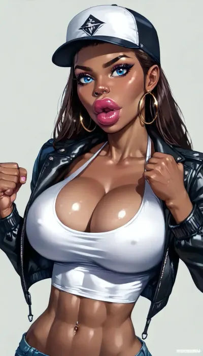 Busty young supermodel black-woman in ghetto-clothes. Massive cleavage. shiny tits., (detailed black skin, dark brown skin), straight hair. basecap hat. The woman’s face is strict and friendly. perfect eyeliner framing her bright blue-eyes. her cleavage is overflowing. The black-woman is skinny but very busty. The black-woman is arrogant with her nose in the air. Deep cleavage. White blouse. bolero-jacket. The black-woman lifts her arm raises fist to the camera. The woman’s mouth is very huge, with massive lips., (very large lips:1.4), Brown, skin, <lora:Tan_Pokemon_Anime_style_girl:2>