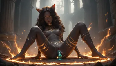 Sexy black female catgirl, heaven, solo catgirl, The catgirl has glowing green eyes, glowing war paint, flame, fire, (((the catgirl has Deep Black skin with Gold stripes.))), (The catgirl has long different hair colors on the left and right sides.), catgirl Has long curly hair, nude, with a wide open pussy, The catgirl fucks a dildo, (The catgirl has many large bright white tattoos.), full body view, The catgirl cum and squirting from her pussy, uncensored, catgirl, <lora:catgirl:1>, <lora:HV_orientation_Rainbow_Lips:.8>