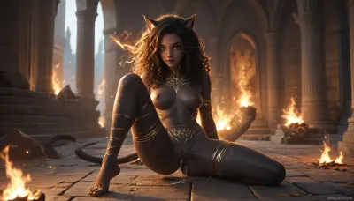 Sexy black female catgirl, heaven, solo catgirl, The catgirl has glowing green eyes, glowing war paint, flame, fire, (((the catgirl has Deep Black skin with Gold stripes.))), (The catgirl has long different hair colors on the left and right sides.), catgirl Has long curly hair, nude, with a wide open pussy, The catgirl fucks a dildo, (The catgirl has many large bright white tattoos.), full body view, The catgirl cum and squirting from her pussy, uncensored, catgirl, <lora:catgirl:1>, <lora:HV_orientation_Rainbow_Lips:.8>