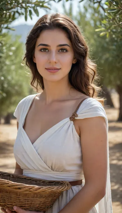 A hyperrealistic, photorealistic portrait of a beautiful young Greek woman with authentic traditional Mediterranean features, warm dark eyes, and wavy dark hair, wearing an ancient Greek white chiton with one bare breast. A thin leather strap around her waist and a silver fibula hold the fabric in place on her shoulder. Her face bears a sincere, serene smile, a light tan, and natural, minimal makeup. She stands beneath an olive tree, holding a branch from which both green and ripe olives hang. She looks at the viewer, momentarily taking her mind off the harvest. She is wearing traditional Greek clothing—a linen Ionic chiton. Behind her on the ground are traditional woven baskets filled with freshly picked olives. It is a bright, sunny day, the sun’s rays filter through the leaves, creating a beautiful natural bokeh and soft, dappled light.