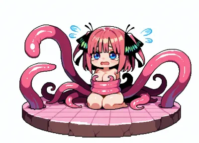 Cute, pixel art, 16 bit art, nude, tentacle floor, pink tentacles, Nino Nakano, chibi style, tied tentacles, tentacle mass, white background, nervous, tears