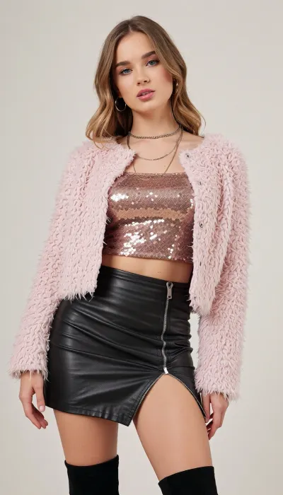 A 30yo girl, wearing, Sequined crop top in metallic rose gold.
Black leather mini skirt with a side zipper and a thigh-high slit.
Over-the-knee suede boots in black.
Hoop earrings and layered chain necklaces.
Cropped faux fur jacket in pale pink.