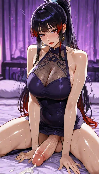 Melkor mancin meet markgavatino style, (((large purple anime eyes, purple eyeliner))), Asian Filipina slut wife, long lashes, red lipstick, 25 years old cutie, muscular toned fit girlfriend, (short petite height), ((purple background, lurid neon blurry background, lounge bed)), black slick hair in high ponytail with bright red highlights, warm strong lighting, ((She has an enormous futa penis and it is oozing fluid, wet and throbbing)), nanoskirt, thick long boots, <lora:add-detail-xl:1.2>, <lora:attractive_notrigger:1.2>, <lora:detailed_notrigger:1.2>, <lora:LCMTurboMix_Euler_A_fix:1.2>