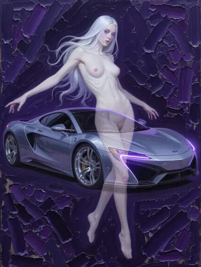 An award-winning surreal fine-art painting masterpiece of a ghosted double exposure technique, executed in an elite heavy, chunky Alla Prima impasto style with massive prominent palette-knife oil paint layers and raw rich textured brushstrokes. A deep moody dark purple twilight color grading completely fills the scene. Full-body shot of a striking, mysterious 25-year-old albino woman with flawless snowy-white skin, haunting pale violet eyes, and long flowing silver hair, floating weightlessly in mid-air in an elegant, poetic posture of pure mystery. Exceptional double exposure blend layer technique, where her body silhouette acts as a transparent visual mask revealing a sleek, futuristic customized luxury supercar directly INSIDE her form, ghosted from within her bare skin, chest, and stomach. Glistening chrome wheels, sharp metallic lines of the chassis, and glowing neon purple headlights are perfectly readable and semi-transparently rendering through her translucent torso, seamlessly blending with her form. The entire canvas is densely covered in a highly tactile matte paint accumulation and raw rich oil colors without any digital smoothness. Masterpiece, high-art creative double exposure, zero sharp digital outlines.
