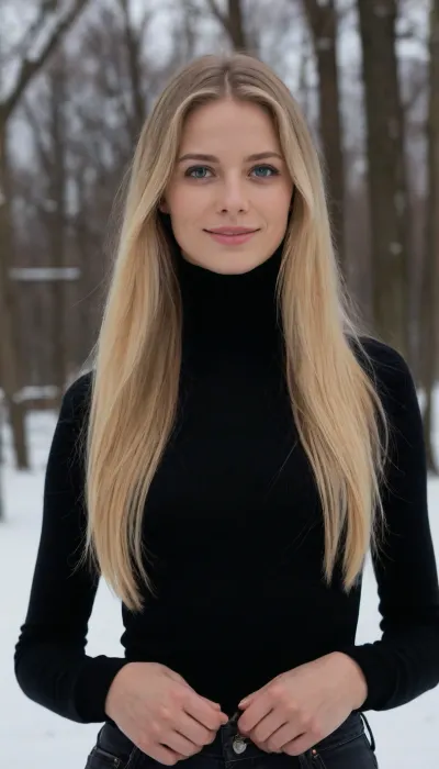 high quality picture, 8k, young danish woman, (extreme slim body), (blue-grey eyes), (extreme long blonde hair), perfect beautiful hair, (very beautiful slim face), jewelry, small breasts, ((black turtleneck sweater, long sleeves, black jeans)), looking at viewer, smiling, standing, outside, park, trees, snow, blue sky, mountain, NEGATIVE_HANDS, clothes